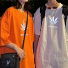 Couple Matching Elbow-sleeve Reflective Leaf Printed T-shirt