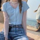 Short-sleeve Embroidered Printed Cropped T-shirt / Long-sleeve Sheer Mesh Top