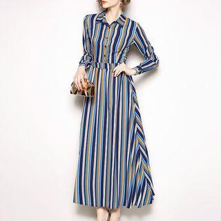 Long-sleeve Striped Maxi A-line Dress