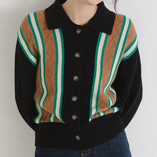 Polo-neck Striped Pointelle Cardigan Black - One Size