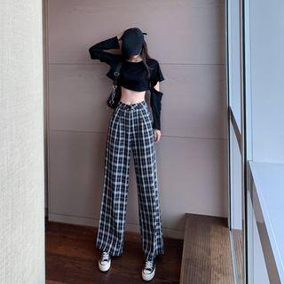 Detachable-sleeve Short-sleeve Crop Top / Plaid Wide-leg Pants