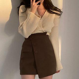 Long Sleeve V Neck Plain Ribbed Sweater
