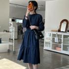 Tie-waist Denim Tiered Midi Dress Blue - One Size