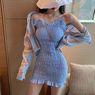 Plaid Shirt / Plain Pleated Spaghetti-strap Dress