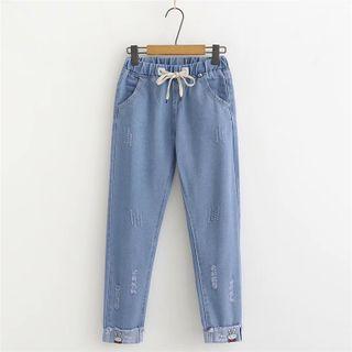 Distressed Rabbit Embroidered Cropped Straight-fit Jeans