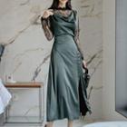 Long-sleeve Lace Top / Spaghetti Strap Midi A-line Satin Dress