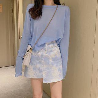 Slit-back Long-sleeve Knit Top / Tie-dye Print Mini A-line Skirt