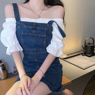 Plain Short-sleeve Blouse / Denim Mini Jumper Dress