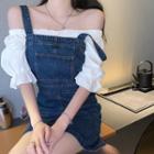 Plain Short-sleeve Blouse / Denim Mini Jumper Dress