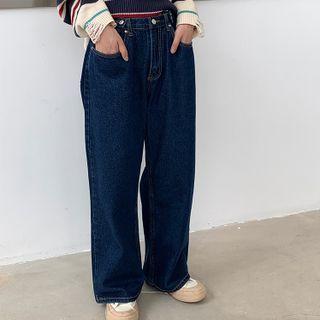 High-waist Washed Straight-cut Jeans Dark Blue - One Size