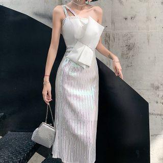 One Shoulder Glittered Bow Accent Mermaid Cocktail Dress