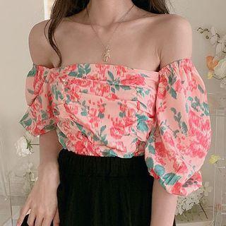 Short-sleeve Flower Print Off-shoulder Blouse Pink - One Size
