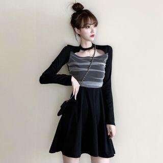 Long-sleeve Cutout Mesh Panel A-line Dress