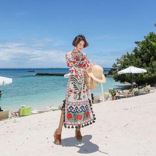 Fringed-detail Pattern Long Dress