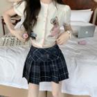 Short-sleeve Bear Knit Top / Plaid Mini A-line Skirt