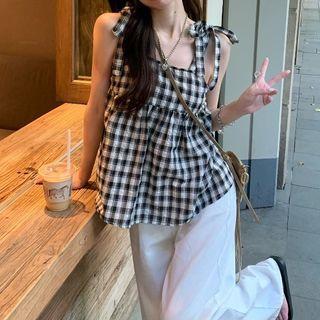 Plaid Flowy Tank Top Black - One Size