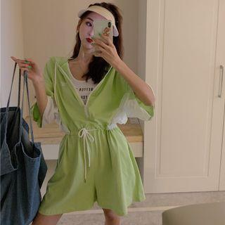 Half-zipper Drawstring-waist Hooded Playsuit Fruit Green - One Size