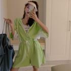 Half-zipper Drawstring-waist Hooded Playsuit Fruit Green - One Size
