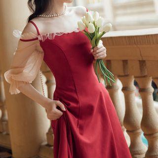 Elbow-sleeve Cold Shoulder Frill Trim Midi A-line Dress