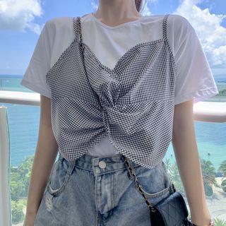 Mock Two-piece Short-sleeve Check Twist-front T-shirt