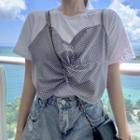 Mock Two-piece Short-sleeve Check Twist-front T-shirt
