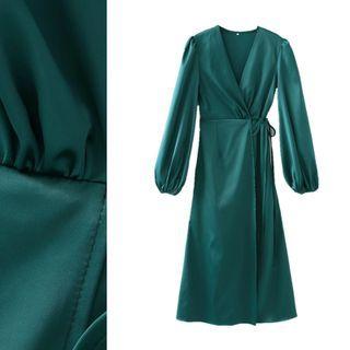 Puff-sleeve Tie-side Midi A-line Dress