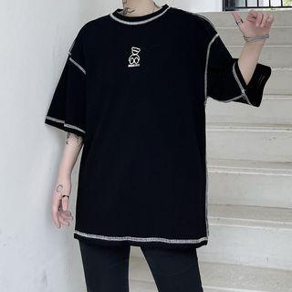 Elbow-sleeve Contrast Stitching Bear Print T-shirt