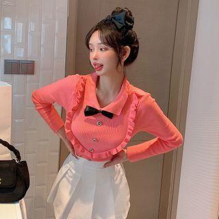 Long-sleeve Bow Accent Frill Trim Knit Top