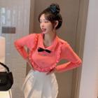 Long-sleeve Bow Accent Frill Trim Knit Top