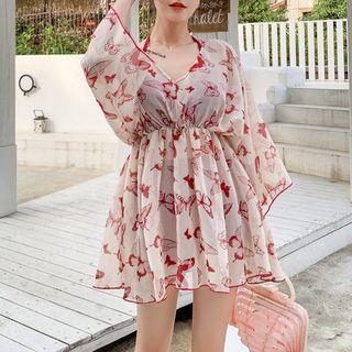 Set: Bell-sleeve Print Swim Dress + Bikini Top + Bottom