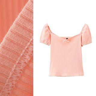 Puff-sleeve Bow Knit Cropped Top