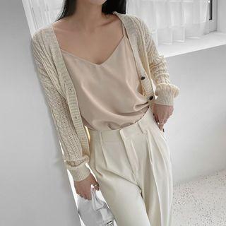 V-neck Cable-knit Cardigan Light Beige - One Size