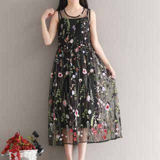 Flower Embroidered Sleeveless Midi Mesh Dress