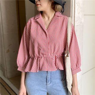3/4-sleeve Gingham Peplum Blouse