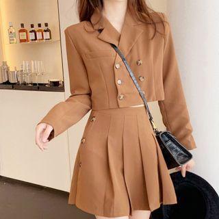 Double-breasted Cropped Jacket / Pleated Mini Skirt / Set