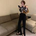 Long-sleeve Off-shoulder Tie-dye Crop Top / Boot-cut Pants