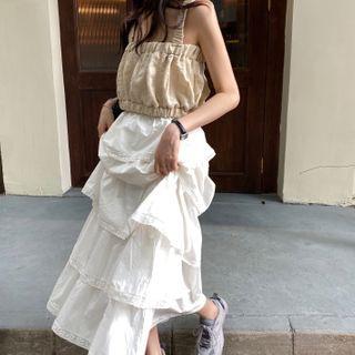 Cropped Camisole / Lace Trim Midi Tiered Skirt