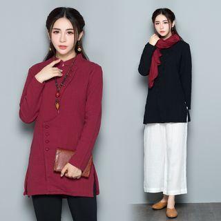 Plain Stand-collar Long-sleeve Top