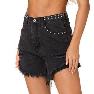Distressed Studded Denim Hot Pants