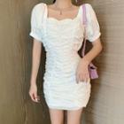 Puff-sleeve Off-shoulder Ruched Mini Bodycon Dress