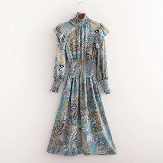 Long-sleeve Ruffle Trim Print Midi A-line Dress