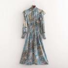 Long-sleeve Ruffle Trim Print Midi A-line Dress
