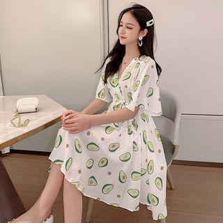 Avocado Print Elbow-sleeve A-line Dress