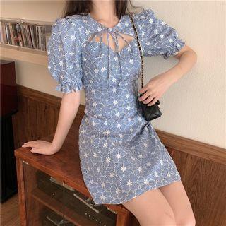 Puff-sleeve Embroidered Tie-neck Mini A-line Dress