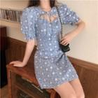Puff-sleeve Embroidered Tie-neck Mini A-line Dress