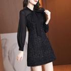 Long-sleeve Ribbon Tweed Mini A-line Dress