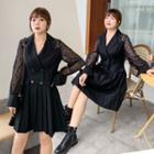 Mesh Panel Long-sleeve Double-breasted Mini A-line Dress