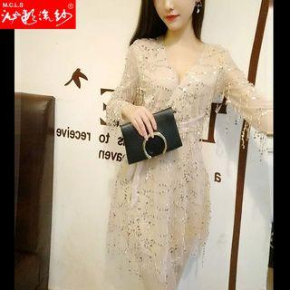 Deep Plunge Sequin Sheath Dress