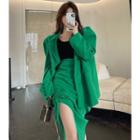 Puff-sleeve Loose Blazer / Drawstring-side Irregular Midi Skirt