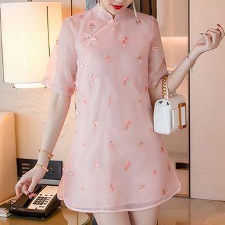 Mandarin Collar Embroidered Short-sleeve Mini Dress
